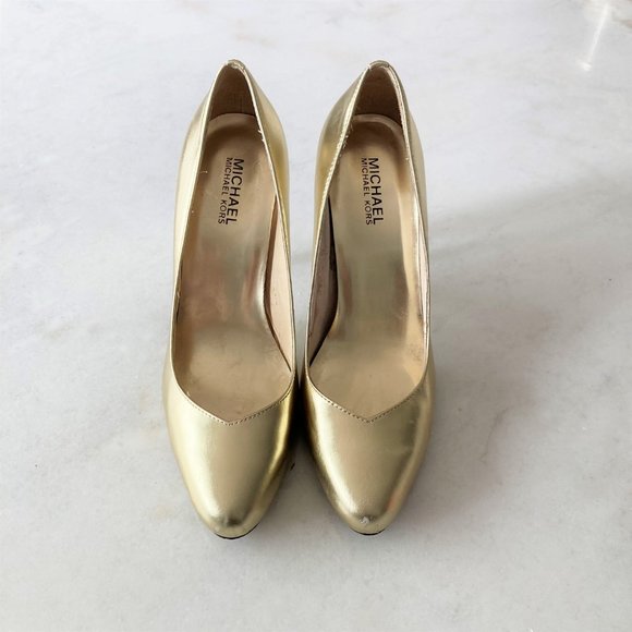 Michael Kors gold & silver leather high heel shoes / pumps, shiny metallic v toe - Picture 1 of 9